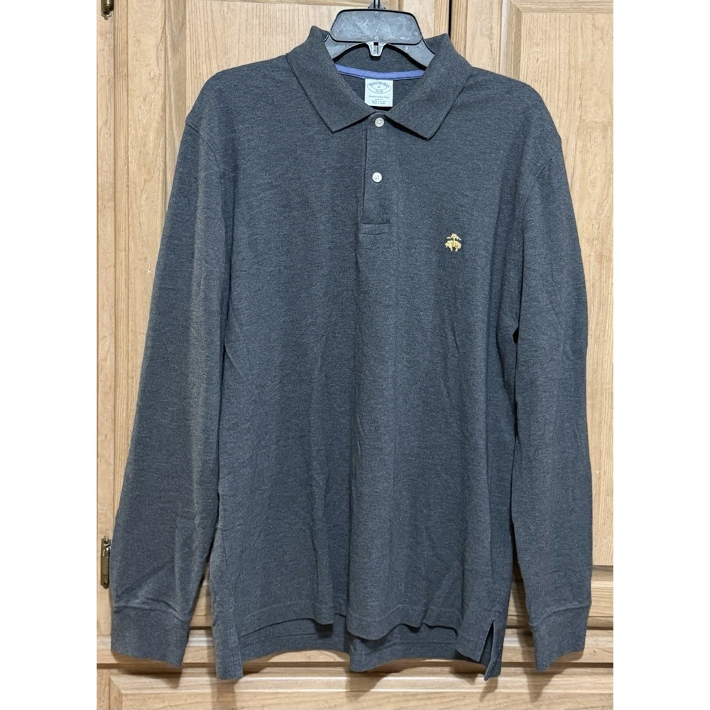 Brooks Brothers Polo Shirt Mens XL Gray Long Sleeve 1818 Performance Slim Fit